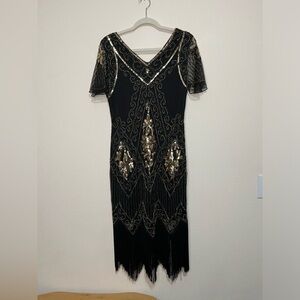 Vintage Boutique Sequin Black Gold Flapper Fringe Gatsby Sz M Pretty Guide 1920s
